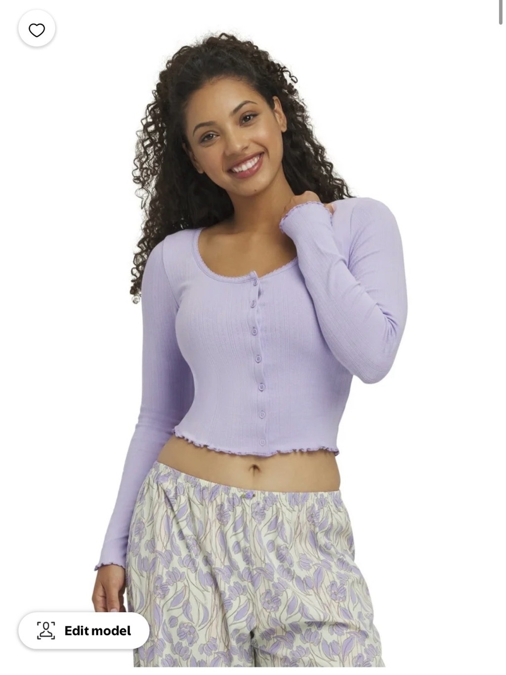 Milly Lavender Ribbed Button-Front Long-Sleeve Crop Top